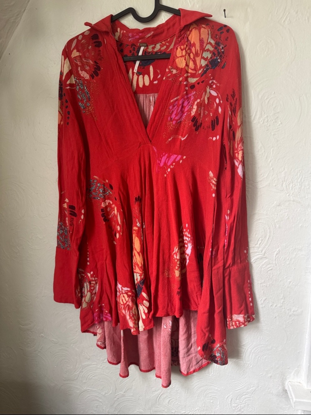Free People Red butterfly printed V-Neck Long Sleeve Blouse
